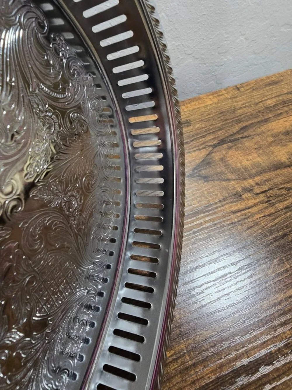 Vintage Irvinware Silver Oval Serving Tray Etched Design & Reticulated 16
